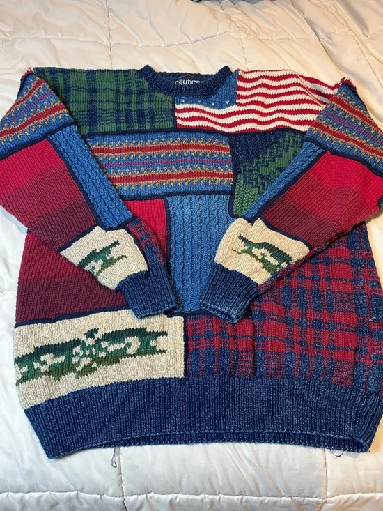 90’s Vintage Americana Nautica Multicolor Patchwork Crewneck Sweater - Picture 5 of 6